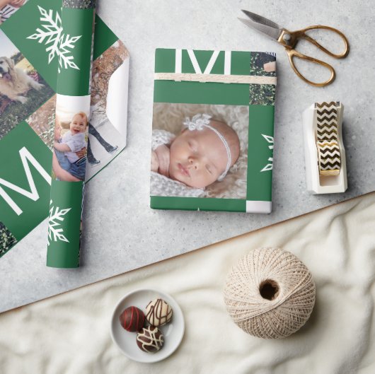 フェスティバルグリーンスノーフレーク写真コラージュクリスマス ラッピングペーパー (クラフト)