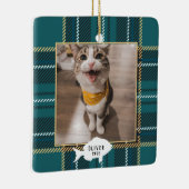 フェスティバルグリーンタータンチェック格子猫ネームクリスマス セラミックオーナメント (右)