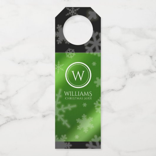 フェスティバルグリーンフォイル雪片モノグラム名ボトル ボトルネックタグ (裏面)
