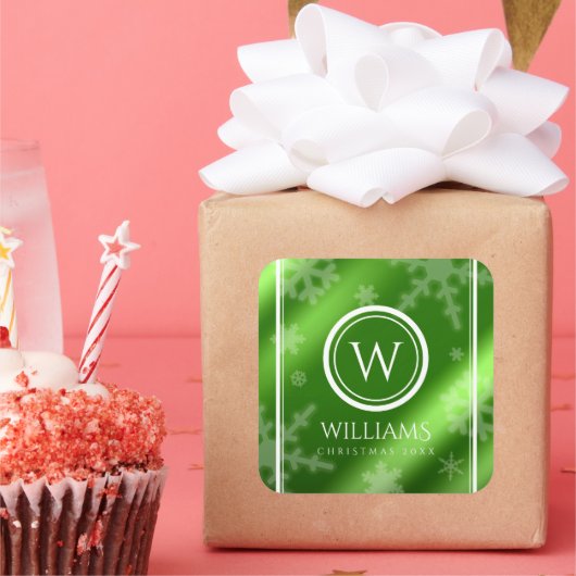 フェスティバルグリーンフォイル雪片モノグラム名 スクエアシール (パーティー)