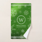 フェスティバルグリーンフォイル雪片モノグラム名 バスタオルセット (ハンドタオル)