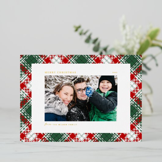 フェスティバルグリーンプレイドパターンフォトメリークリスマス 箔シーズンカード (立ち正面)