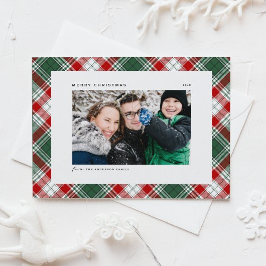 フェスティバルグリーンプレイドパターンメリークリスマスフォト シーズンカード