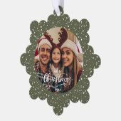 フェスティバルグリーンホワイトスノーメリークリスマスフォト オーナメントカード (左)