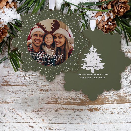 フェスティバルグリーンホワイトスノーメリークリスマスフォト オーナメントカード