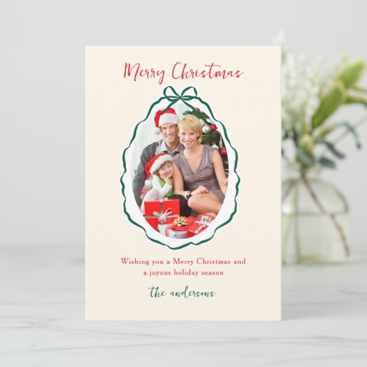 フェスティバルグリーンボウフレームフォトクリスマス シーズンカード (スタンド正面)