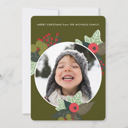 フェスティバルグリーンボタニカルサークル写真クリスマス シーズンカード (正面)