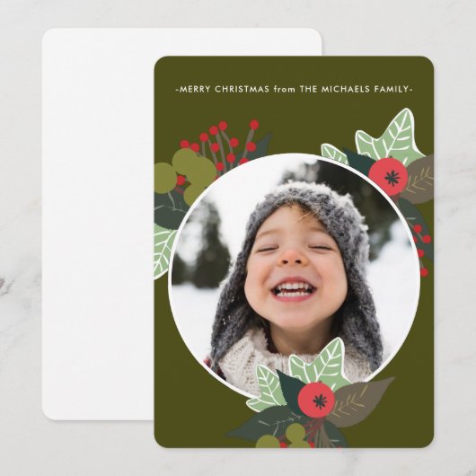 フェスティバルグリーンボタニカルサークル写真クリスマス シーズンカード (正面/裏面)