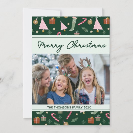 フェスティバルグリーンメリークリスマスパターン写真 シーズンカード (正面)