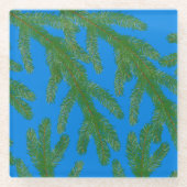 フェスティバルグリーンモミの枝と小枝ブルー ガラスコースター (正面)