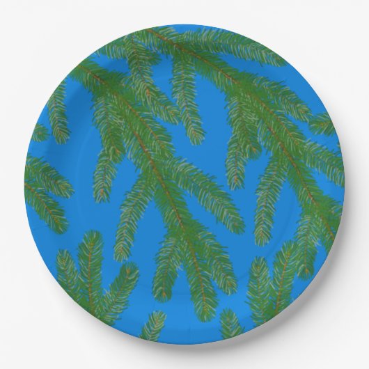 フェスティバルグリーンモミの枝と小枝ブルー ペーパープレート (正面)