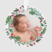 フェスティバルグリーンリーボタニカルリースホリデーフォト オーナメント (正面)