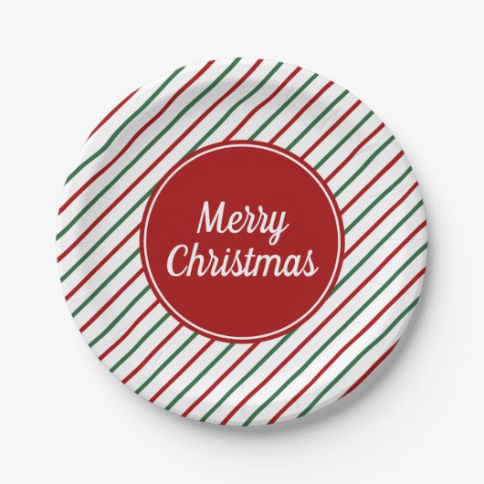 フェスティバルグリーンレッドストライプクリスマス ペーパープレート (正面)