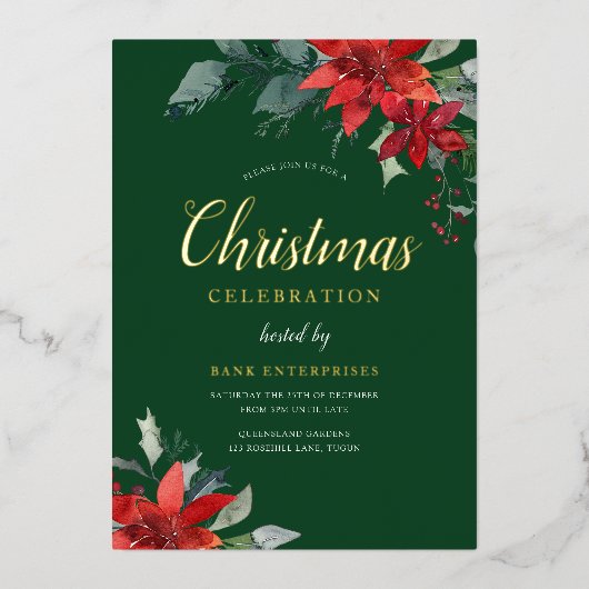 フェスティバルグリーン企業のクリスマスパーティー金ゴールド 箔招待状 (正面)