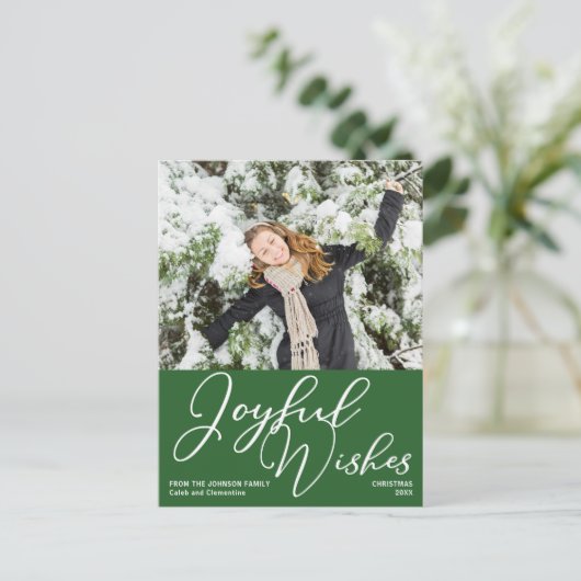 フェスティバルグリーン喜びの願い家族の写真クリスマス ポストカード (スタンド正面)