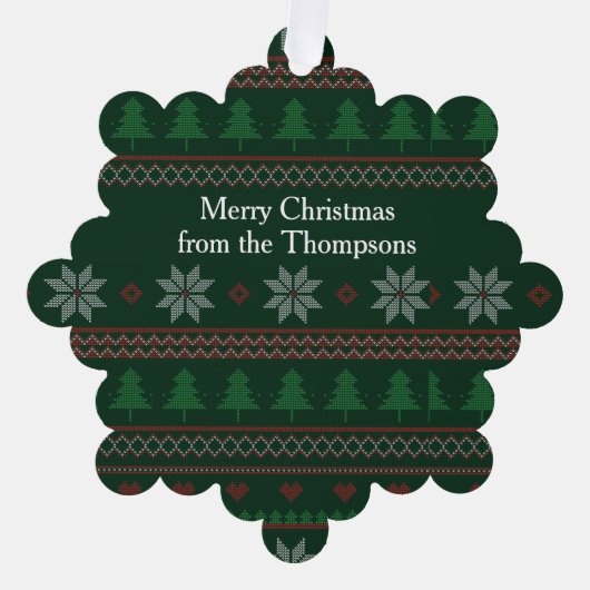 フェスティバルグリーン醜いクリスマスセーターカスタムパーティー オーナメントカード (正面)