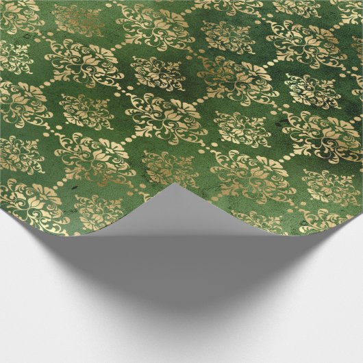 フェスティバルグリーン&ゴールドフォイルウィンタークリスマスダマスク ラッピングペーパー (角)