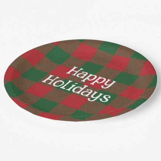 フェスティバルグリーン&レッドプレイド ペーパープレート (アングル)