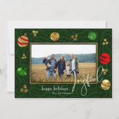 フェスティバルグリーン&金ゴールドスワールホリデーフォトカード 招待状 (正面)