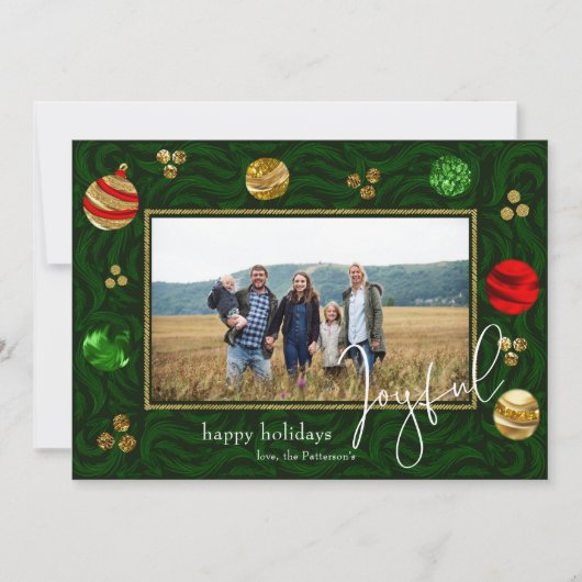 フェスティバルグリーン&金ゴールドスワールホリデーフォトカード 招待状 (正面)