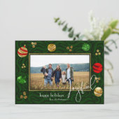 フェスティバルグリーン&金ゴールドスワールホリデーフォトカード 招待状 (スタンド正面)