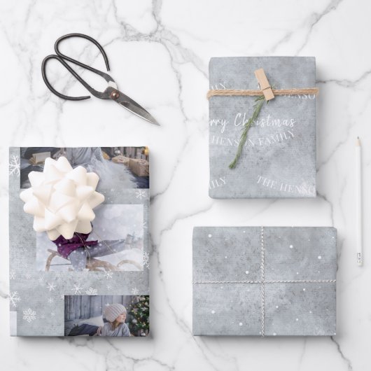 フェスティバルグレーフォトスノーフレーククリスマススクリプト ラッピングペーパーシート (正面)