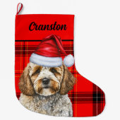 フェスティバルコックパプーと犬の名を冠した赤い格子縞 ラージクリスマスストッキング (正面)