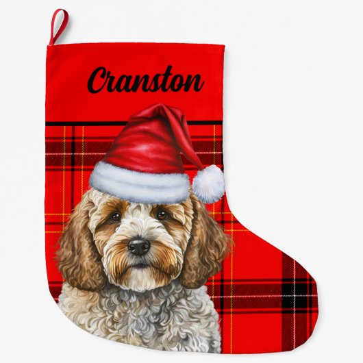 フェスティバルコックパプーと犬の名を冠した赤い格子縞 ラージクリスマスストッキング (正面)