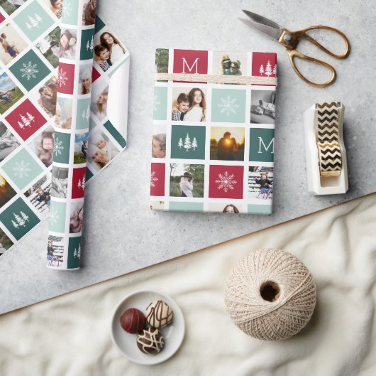 フェスティバルコラージモノグラム | 15フォトホリデー ラッピングペーパー (クラフト)