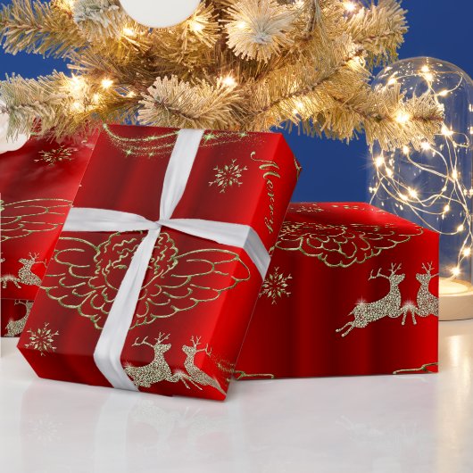 フェスティバルゴールデンエンジェルきらめくズ&ディアレッドクリスマス ラッピングペーパー (クリスマス)