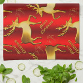 フェスティバルゴールデントナカイonレッドメリークリスマス キッチンタオル (折り畳み)