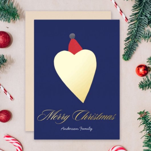 フェスティバルゴールデンハートとクリスマスハットダークブルー 箔シーズンカード