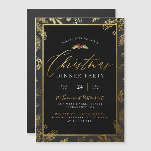 フェスティバルゴールドフォイル&ブラッククリスマスディナーパーティー マグネット招待状 (正面/裏面)