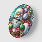 フェスティバルサンタクロースがギフトサックを持ち歩く ラウンド壁時計 (傾斜)