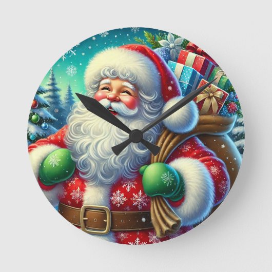 フェスティバルサンタクロースがギフトサックを持ち歩く ラウンド壁時計 (正面)