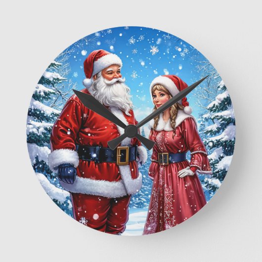 フェスティバルサンタクロースとミセス・クロース ラウンド壁時計 (正面)