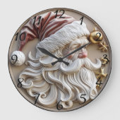 フェスティバルサンタクロースの彫刻で飾られたオーナメント ラージ壁時計 (正面)