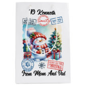 フェスティバルサンタサックよくはしゃぐウィズホリデー雪だるま ミディアムペーパーバッグ (正面)