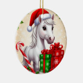 フェスティバルサンタ帽に贈り物を入れた漫画の馬 セラミックオーナメント (右)