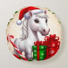 フェスティバルサンタ帽に贈り物を入れた漫画の馬 ラウンドクッション