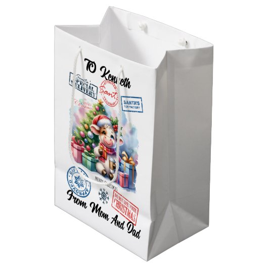 フェスティバルサンタ袋（牛付き） ミディアムペーパーバッグ (正面アングル)