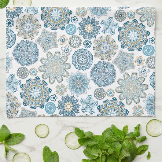 フェスティバルシックフローラマンダラスノーフレークのパターン キッチンタオル (折り畳み)