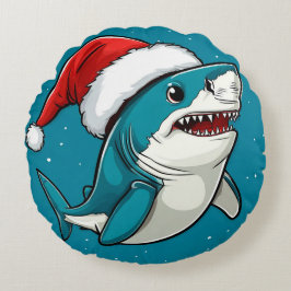 フェスティバルシャークがサンタハットを着て ラウンドクッション