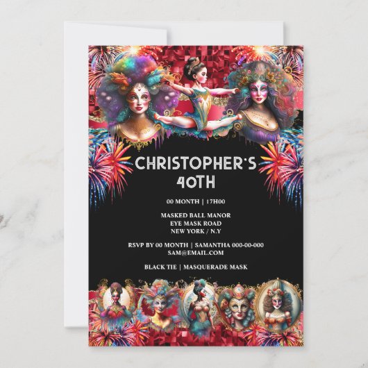 フェスティバルショーメンカーニバルパーティー回路テーマおもしろい 招待状 (正面)
