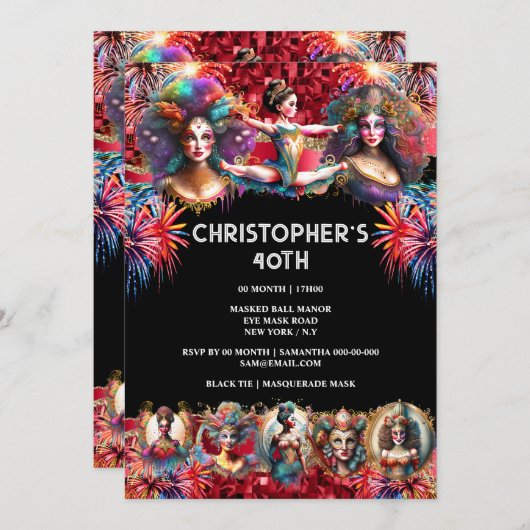 フェスティバルショーメンカーニバルパーティー回路テーマおもしろい 招待状 (正面/裏面)