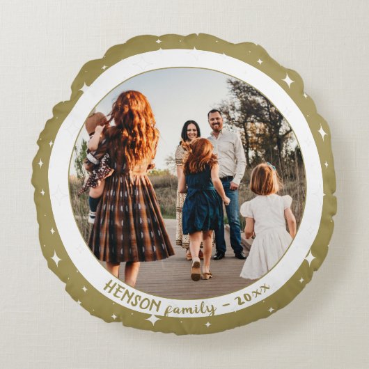 フェスティバルシンプルゴールデンクリスマスファミリーフォト ラウンドクッション (正面)