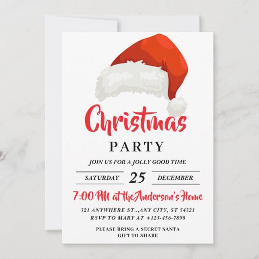 フェスティバルシンプルサンタハットクリスマスパーティー 招待状 (正面)