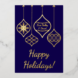 フェスティバルシンプルブルー&金ゴールドバウブルクリスマス 箔シーズンカード