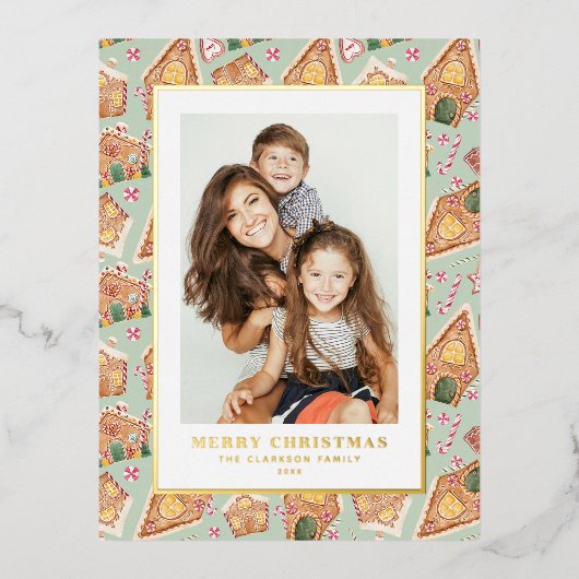 フェスティバルジンガーブレッドハウスミントフォトクリスマス 箔シーズンポストカード (正面)