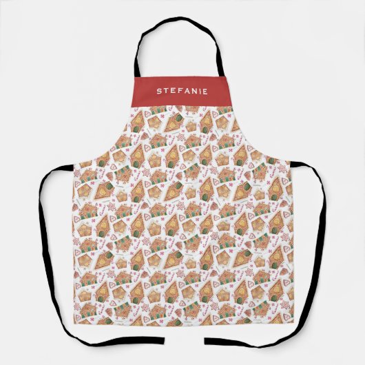 フェスティバルジンジャーブレッドハウスパターンホワイトクリスマス エプロン (正面)